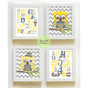 ABC Educational Chevron Owl Nursery Decor - Unframed Prints - Set of 4 Yellow Gray ArtBaby ProductMuralMax Interiors