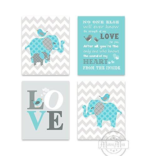 Aqua Gray Nursery Decor Elephant Nursery Wall Art - Set of 4 - Unframe ...