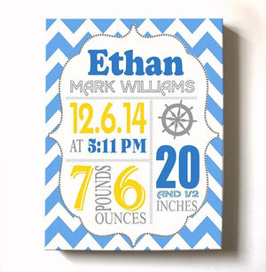 Baby Birth Announcements Boy Nautical Nursery Wall Art - Modern Chevron Nautical Nursery Decor - (Yellow & Blue) - Stretched Canvas Art -B018GTDLO8Baby ProductMuralMax Interiors