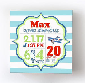 Baby Boy Birth Announcements Canvas Art - Airplane Nursery Decor - Baby Shower GiftsBaby ProductMuralMax Interiors