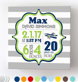 Baby Boy Birth Announcements Canvas Art - Airplane Nursery Decor - Baby Shower GiftsBaby ProductMuralMax Interiors