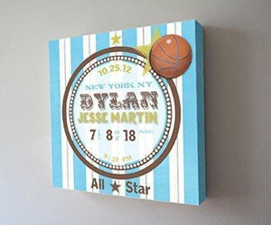 Baby Boy Birth Announcements Canvas Art - Modern Stripes & Basketball Nursery Decor - Baby Keepsake - (Blue) - Stretched Canvas - B018GTALY6Baby ProductMuralMax Interiors