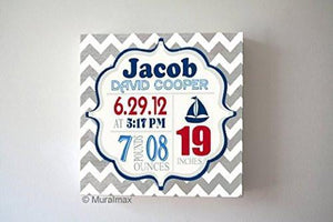 Baby Boy Custom Birth Announcements - Sailboat Nursery Art Baby Boy - Make Your New Baby Gifts Memorable - Color: Gray - Canvas Wall Art-B018GSXX2YBaby ProductMuralMax Interiors