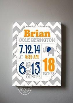 Baby Boy Elephant Nursery Decor - Baby Birth Announcements - Elephant Nursery Art Baby Boy - New Baby Gift - Stretched CanvasBaby ProductMuralMax Interiors