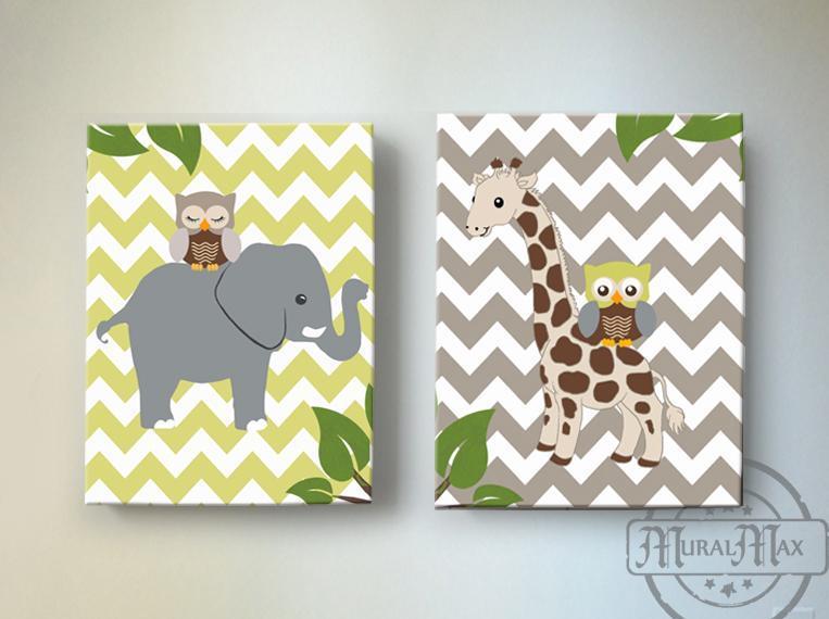 Baby Boy Nursery Decor Giraffe Elephant Safari Canvas Art Set