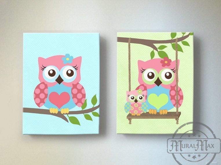 Baby Girl Nursery Art Owl Canvas Decor Pink Green Aqua Nursery