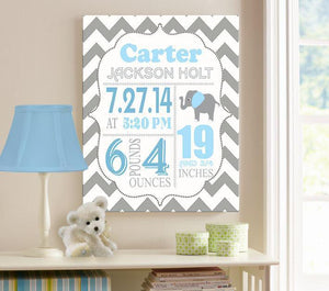 Birth Announcement Canvas Wall Art - Personalized Chevron Elephant Boy Room Decor - Baby GiftBaby ProductMuralMax Interiors