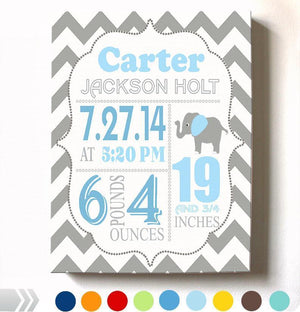 Birth Announcement Canvas Wall Art - Personalized Chevron Elephant Boy Room Decor - Baby GiftBaby ProductMuralMax Interiors