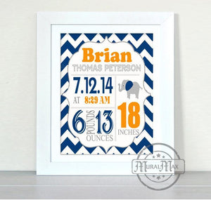 Birth Announcement Elephant Nursery Print - Navy and Orange Elephant Nursery Decor - Unframed Print - MuralMax Interiors