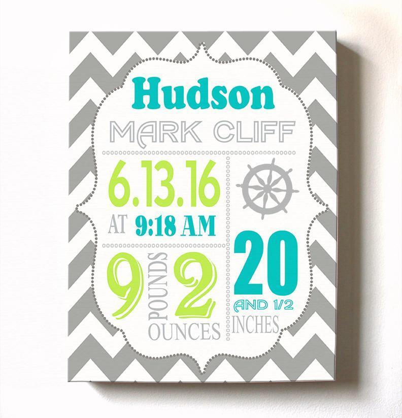 Birth Announcement Nautical Canvas Nursery Wall Art - Personalized