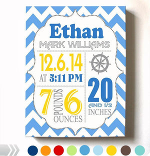 Birth Announcement Nautical Canvas Nursery Wall Art - Personalized Baby Gift- Baby Nursery Decor - B0723D4NWX - MuralMax Interiors