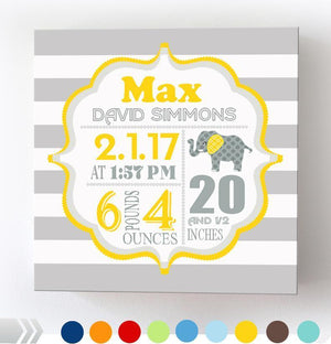 Birth Announcements Wall Art- Birth Details Baby Boy Elephant Nursery Decor - Stretched Canvas Wall ArtBaby ProductMuralMax Interiors