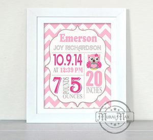 Birth Stat Baby Girl Nursery Art - Personalized Birth Announcement - Custom Owl Nursery Decor - Unframed Print - MuralMax Interiors