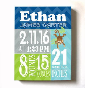 Birth Stat Wall Art - Boy Birth Announcements Monkey Jungle Nursery Decor - New Baby GiftsBaby ProductMuralMax Interiors