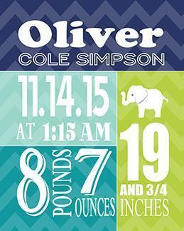 Chevron Elephant Birth Announcement Nursery Print - Custom Elephant Nursery Decor - Unframed Print-B018GTAHRW - MuralMax Interiors