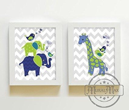 Chevron Elephant Giraffe Nursery Wall Art Unframed Prints