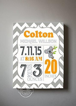 Custom Modern Birth Announcements For Boy - Chevron Koala Bear Nursery Art Decor - Make Your New Baby Gifts Memorable - (Gray & Coral) - Stretched Canvas - 30-DAY-B019016ZCQ - MuralMax Interiors