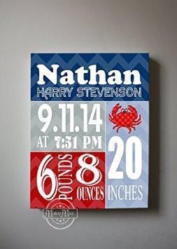Custom Modern Birth Announcements For Boy - Chevron Shellfish Nursery Art Decor - Make Your New Baby Gifts Memorable - (Red & Navy) - Stretched Canvas - 30-DAY-B018GTDRHY - MuralMax Interiors