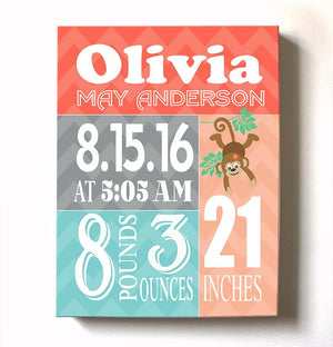 Custom Monkey Nursery Birth Stats - Baby Girl Announcements Canvas Nursery DecorBaby ProductMuralMax Interiors