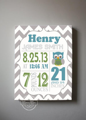 Custom Unique Birth Announcements For Boy - Chevron & Owl Nursery Canvas Art Decor - New Baby Gifts - MuralMax Interiors