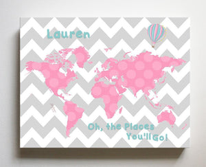 Dr Seuss Girl Nursery Decor - Chevron Canvas World Map Collection - Oh The Places You'll Go-B018ISNUAMBaby ProductMuralMax Interiors