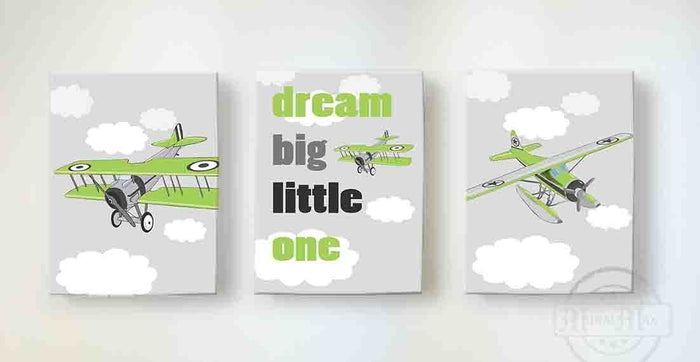 Dream Big - Airplane and Hot Air Balloon Nursery Decor - Boys Room Canvas Nursery Wall Art - Set of 3
