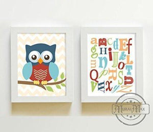 Educational Alphabet Owl Nursery Wall Art - Unframed Prints - Set of 2-B018KOFRVO - MuralMax Interiors