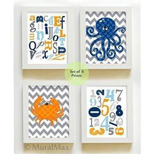 Educational Chevron Sea Life Theme - Unframed Prints - Set of 4-B018KOD9WI - MuralMax Interiors