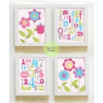 Educational Polka Dot Floral Baby Girls Art - Unframed Prints - Set of 4-B018KOAXGS