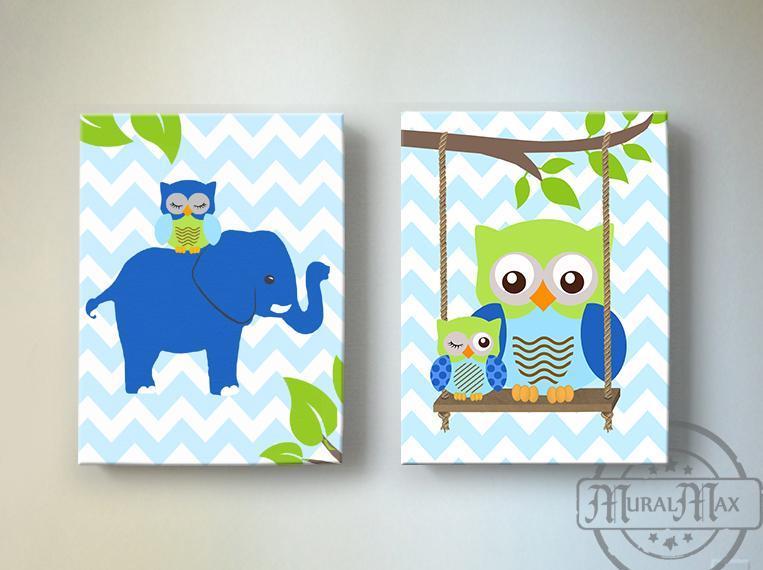 Elephant Owl Nursery Art Blue Green Boy Room Decor Canvas