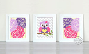 Floral Mums & Owl Girl Room Wall Art - Set of 3 - Unframed Prints-Pink Purple Decor-MuralMax Interiors