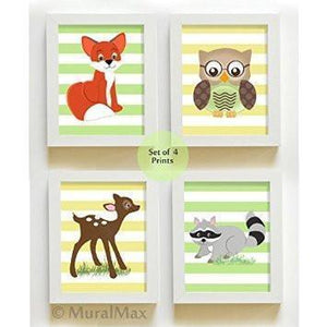 Forest & Friends Woodland Nursery Theme -Striped Unframed Prints - Set of 4-B018KOEGI4-MuralMax Interiors