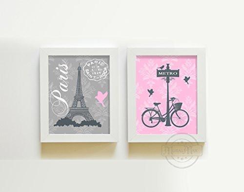 Girls Paris Bicycle Theme - Set of 2 - Unframed Prints-B01CRMI3F2