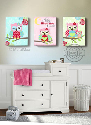 Kids Owl Art - Floral Owl Nursery Decor - Always Kiss Me Goodnight Canvas Art - Set of 3-MuralMax Interiors