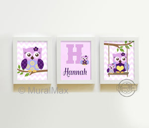 Lilac Egg Plant Girl Room Art - Personalized Owl Art - Unframed Prints - Set of 3-MuralMax Interiors