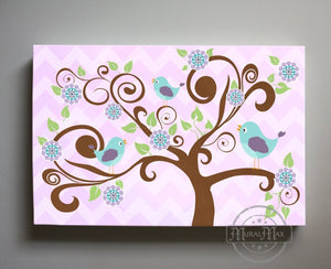 Modern Bird and Tree Nursery Art - Purple and Aqua Nursery Decor - Canvas Art-MuralMax Interiors
