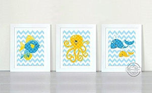 Modern Chevron Ocean Life Whimsical Whales & Friends - Unframed Prints - Set of 3-B018KOCPPU-MuralMax Interiors