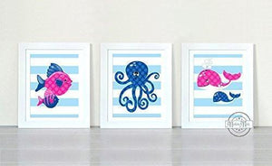 Modern Striped Ocean Life Nursery Art - Unframed Prints - Set of 3-B018KOCWWG-MuralMax Interiors