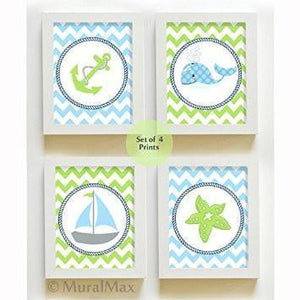 Nautical Sailboat Kids Room Art - Chevron Unframed Prints - Set of 4-B018KOCYYW-MuralMax Interiors