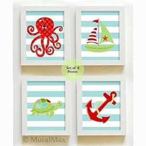 Nautical Treasures & Sea Life Nursery Art - Striped Unframed Prints - Set of 4-B018KOCRG2-MuralMax Interiors