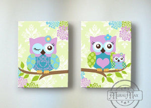 Nursery Art - Floral Owl Girl Room Decor - Purple & Blue Canvas Decor - Set of 2-MuralMax Interiors