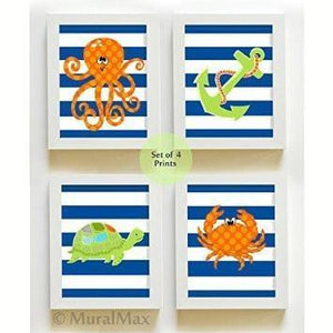 Ocean Life - Striped Aquarium Collection - Unframed Prints - Set of 4-B018KOD80G-MuralMax Interiors
