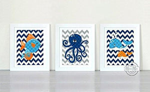 Octopus & Whale Modern Chevron Ocean Theme - Unframed Prints - Set of 3-B018KOBCGS-MuralMax Interiors