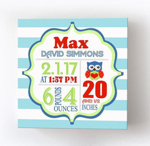 Owl Baby Boy Nursery Art - Birth Announcements - Owl Nursery Decor - Stretched Canvas Wall ArtBaby ProductMuralMax Interiors