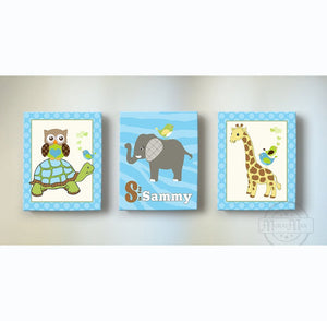 Personalized Baby Animal Nursery Decor - Zebra Striped & Polka Dots Whimsical Safari Animal Canvas Art - Set of 3-MuralMax Interiors