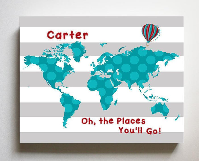 Personalized Baby Boy Nursery Art- Dr Seuss Nursery Decor - Striped Canvas World Map - Oh The Places You'll Go-B018ISFVF4