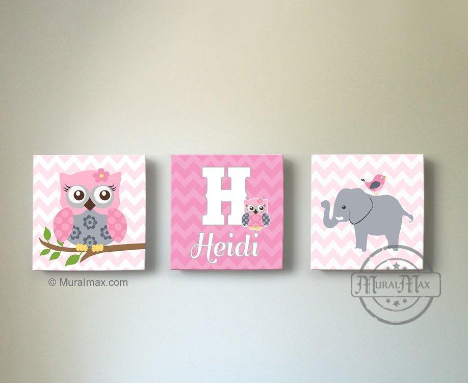 Personalized Baby Girl Room Decor - Chevron Owl Family Canvas Wall