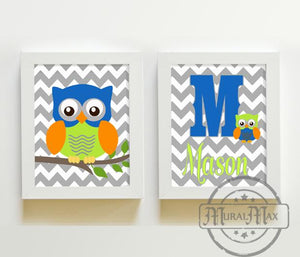 Personalized Chevron Nursery Owl - Unframed Prints - Set of 2-Blue Orange Lime Wall Art-MuralMax Interiors