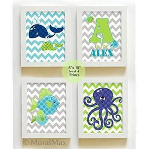 Personalized Chevron Ocean Life Theme - Unframed Prints - Set of 4-B018KOBG8C-MuralMax Interiors
