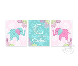 Personalized Elephant Nursery Decor - Floral Mums Elephant & Giraffe Collection - Set of 3 - Unframed Prints-MuralMax Interiors